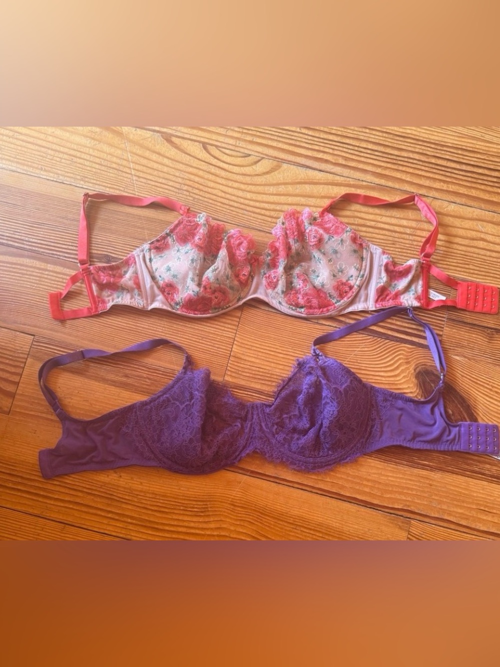 Victoria's Secret Pink Floral Embroidered Bra & Purple Lace Bra Duo